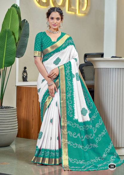 Mint Green Mulmul Cotton Saree With Bandhani Block Print & Zari Border | Ethnic Festive Wear – JaipurSaaj