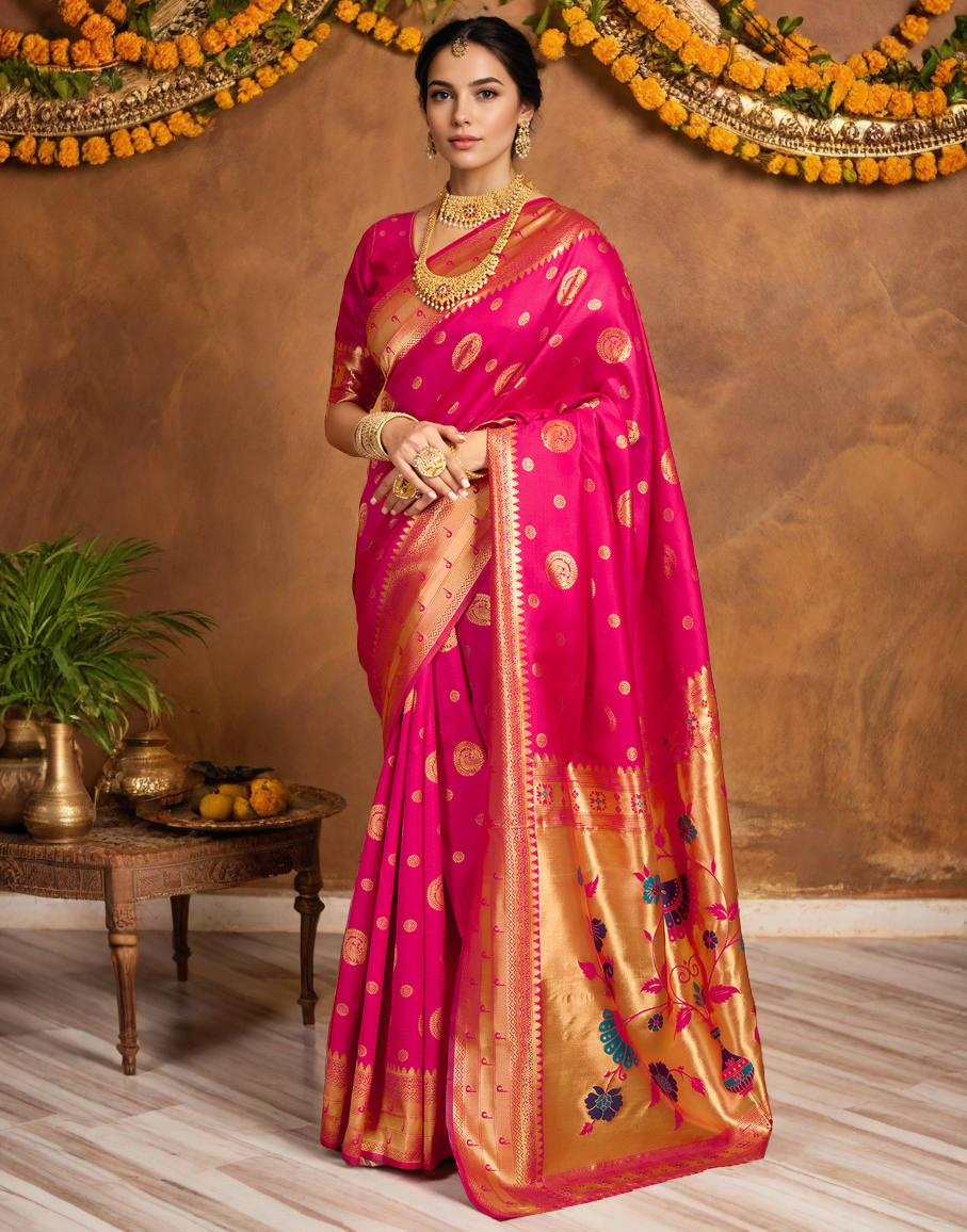 Pink Paithani Silk Saree With Zari Weaving Work