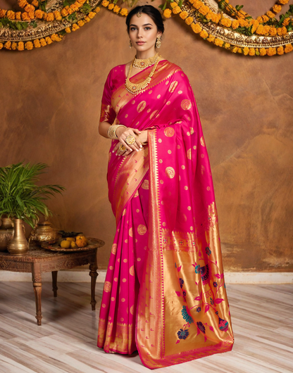 Pink Paithani Silk Saree With Zari Weaving Work
