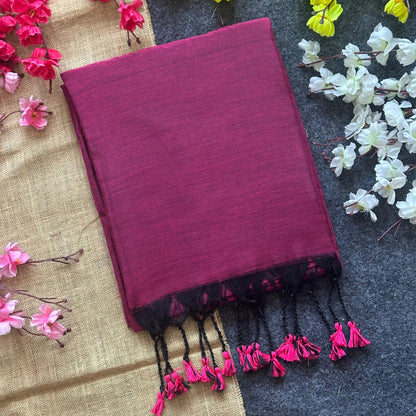 Magenta Plain Khadi Cotton Saree With Fancy Tassel Work