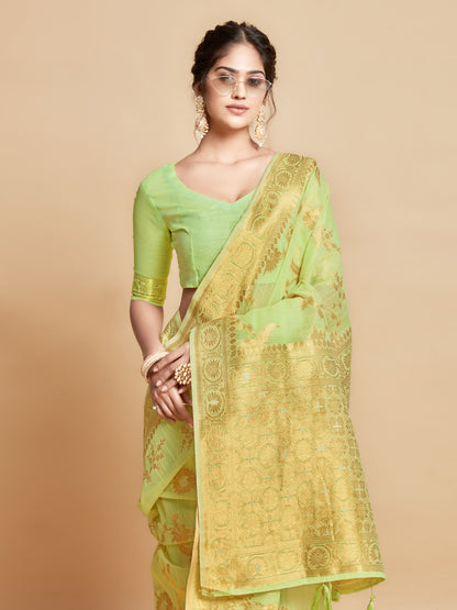 Pista Green Soft Linen Silk Saree With Zari Weaving Work | Traditional Wedding & Festive Wear – JaipurSaaj
