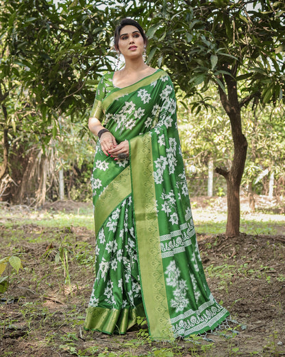 Green Tussar Silk Saree with Floral Woven Motifs & Zari Border | Traditional Festive Wear – JaipurSaaj
