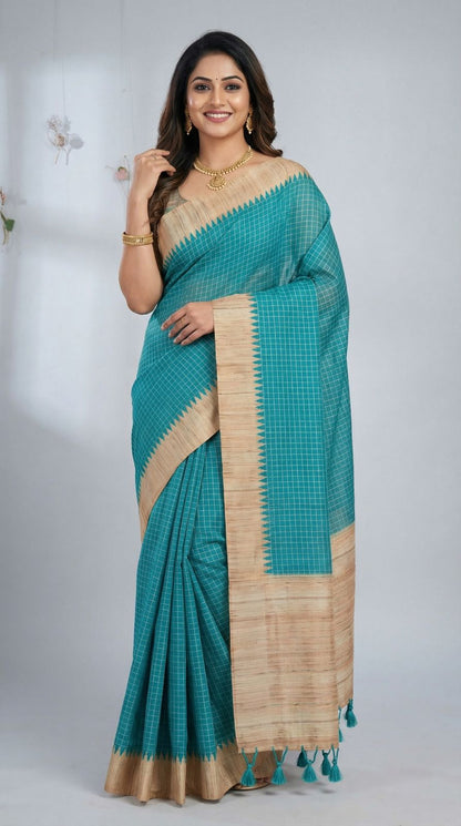Blue Tussar Silk Saree With Checks Weaving Work | Office & Festive Wear – JaipurSaaj