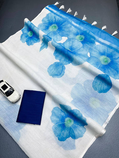 Sky Blue Color Plain Mix Linen Cotton Saree With Digital Printed Work