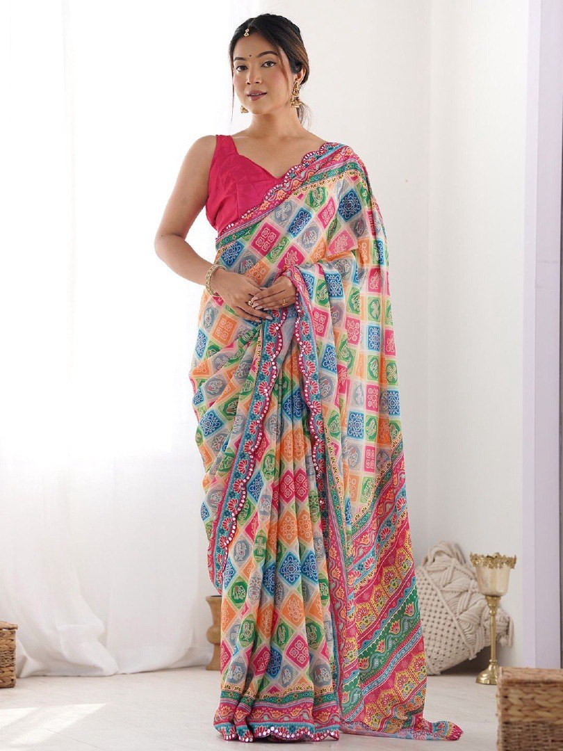 Multi Georgette Saree With Printed And Mirror Work With Arco Border