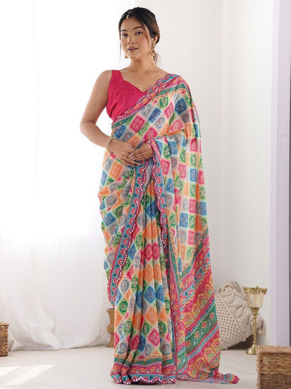 Multi Georgette Saree With Printed And Mirror Work With Arco Border