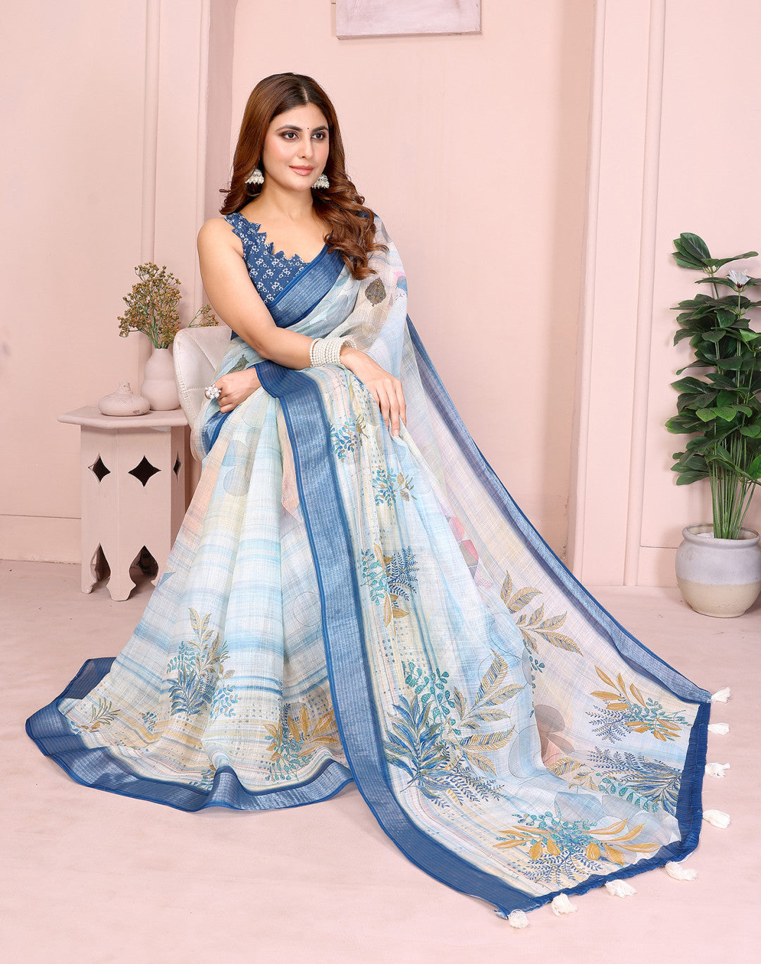 Multi Linen Cotton Saree With Digital Printed Work And Silver Zari Border