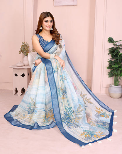 Multi Linen Cotton Saree With Digital Printed Work And Silver Zari Border