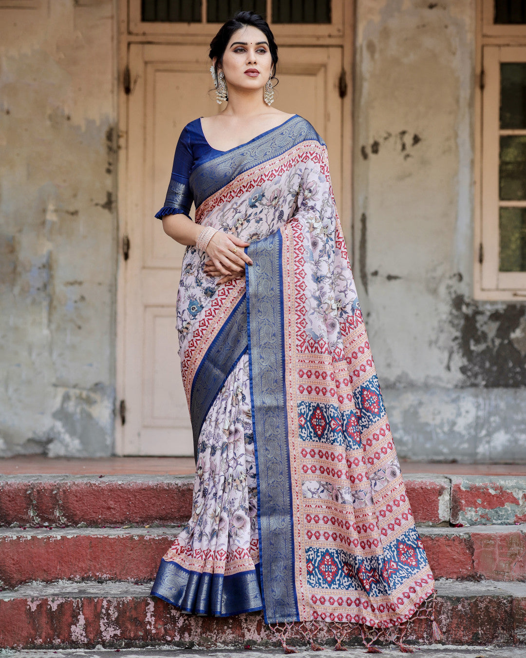 Multi Color Digital Printed Tussar Silk Saree With Zari Motif Border | Traditional Festive Ethnic Wear – JaipurSaaj