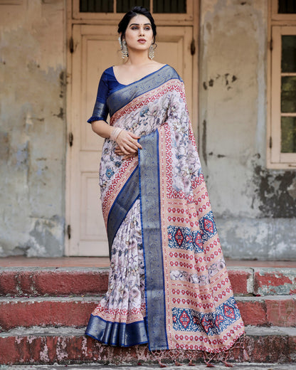 Multi Color Digital Printed Tussar Silk Saree With Zari Motif Border | Traditional Festive Ethnic Wear – JaipurSaaj