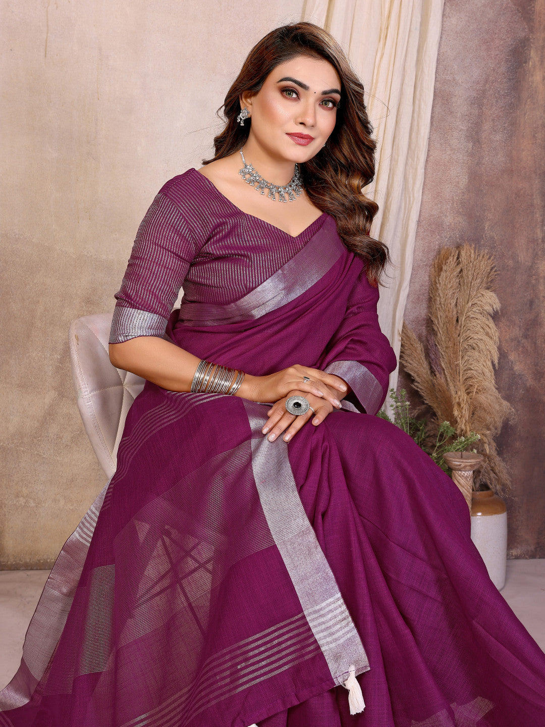 Magenta Linen Cotton Saree With Silver Zari Border