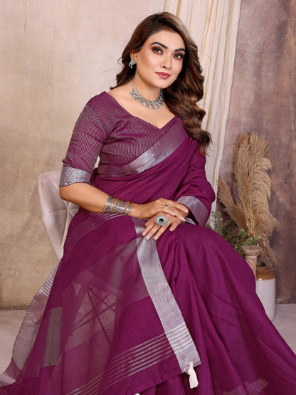 Magenta Linen Cotton Saree With Silver Zari Border