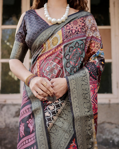 Multi Color Tussar Silk Saree With Digital Kalamkari Print & Zari Motif Border | Casual & Festive Wear – JaipurSaaj