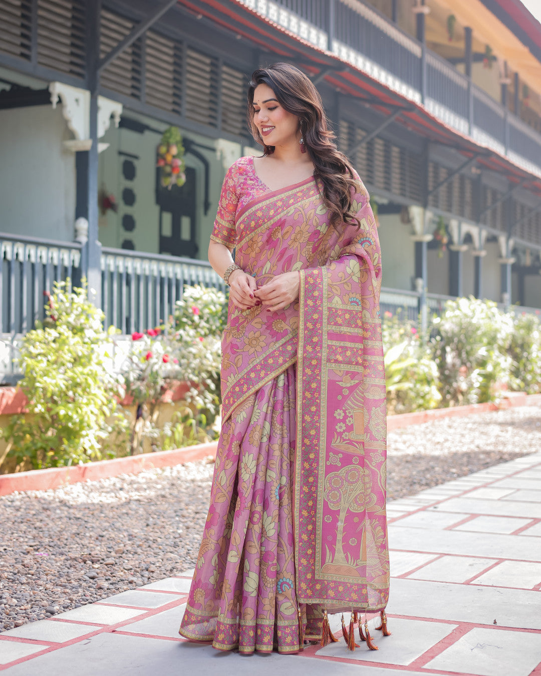 Pink Kalamkari Digital Printed Linen Cotton Saree | Summer Casual & Ethnic Wear – JaipurSaaj