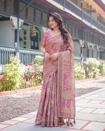 Pink Kalamkari Digital Printed Linen Cotton Saree | Summer Casual & Ethnic Wear – JaipurSaaj