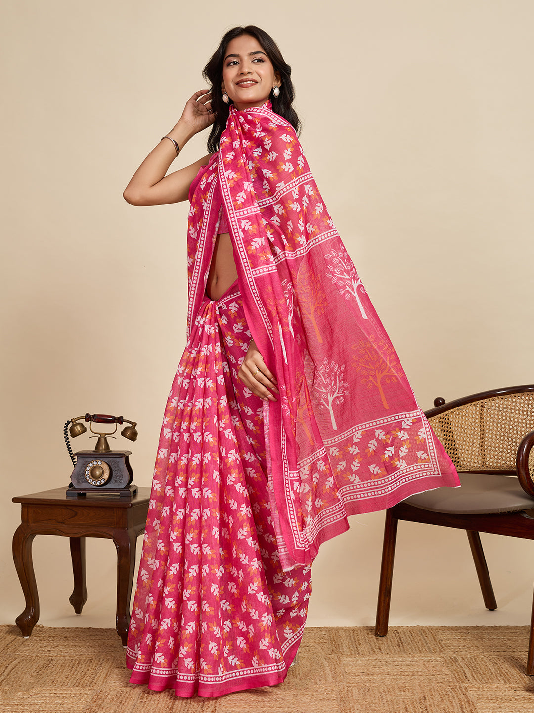 Pink Linen Cotton Saree With Digital Printed Work And Silver Zari Border | Lightweight Office & Daily Wear – JaipurSaaj