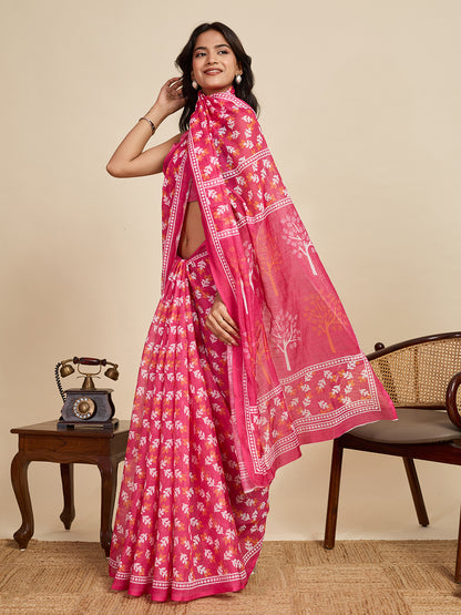 Pink Linen Cotton Saree With Digital Printed Work And Silver Zari Border | Lightweight Office & Daily Wear – JaipurSaaj