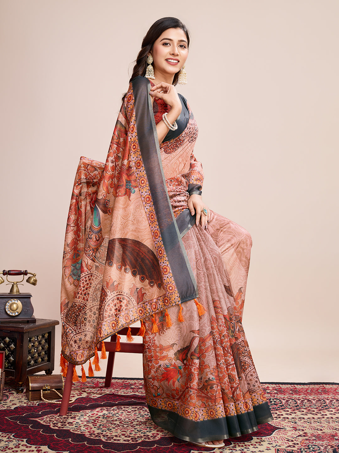 Multi Soft Linen Cotton Saree With Kalamkari Printed Work