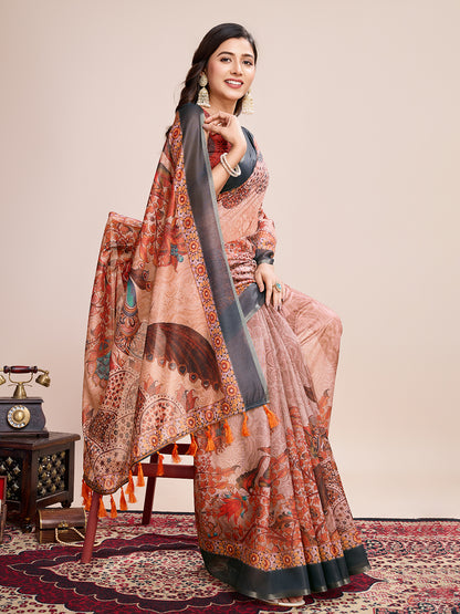 Multi Soft Linen Cotton Saree With Kalamkari Printed Work