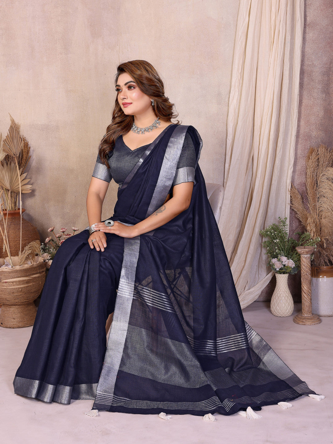 Navy Blue Linen Cotton Saree With Silver Zari Border | Office & Festive Wear – JaipurSaaj
