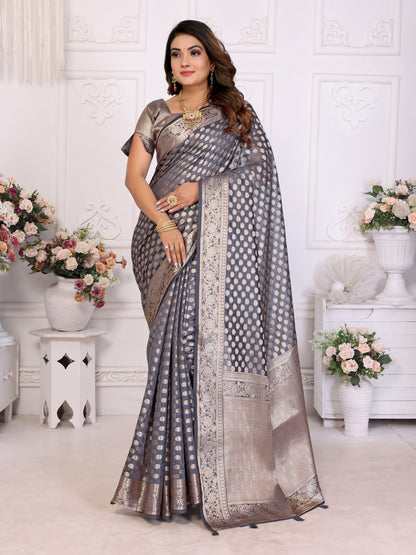 Gray Organza Silk Banarasi Saree With Zari Weaving Work | Bridal Wedding & Festive Wear – JaipurSaaj