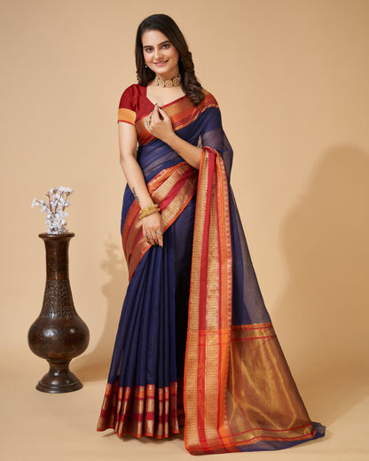 Navy Blue Kota Doriya Saree With Zari Weaving Work | Lightweight Daily Wear – JaipurSaaj