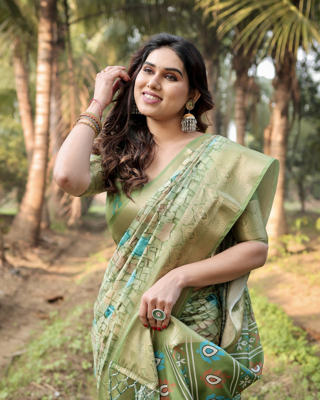 Light Green Digital Printed Tussar Silk Saree With Zari Motif Border | Traditional Casual & Festive Wear – JaipurSaaj