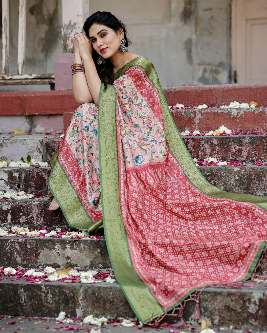 Blush Pink Digital Printed Tussar Silk Saree With Zari Motif Border | Designer Festive Ethnic Wear – JaipurSaaj