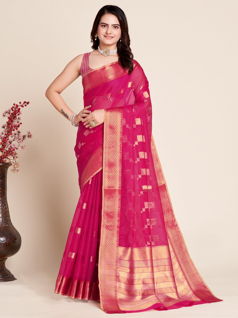 Rani Pink Color Kota Doriya Saree With Zari Weaving Work
