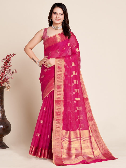 Rani Pink Color Kota Doriya Saree With Zari Weaving Work