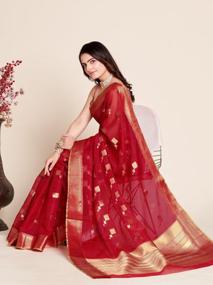 Red Color Kota Doriya Saree With Zari Weaving Work