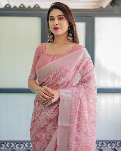 Baby Pink Summer Special Digital Printed Linen Cotton Saree