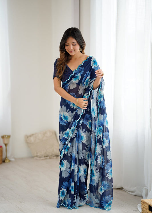 Navy Blue Color Georgette Saree With Printed Work And Mirror Work Border