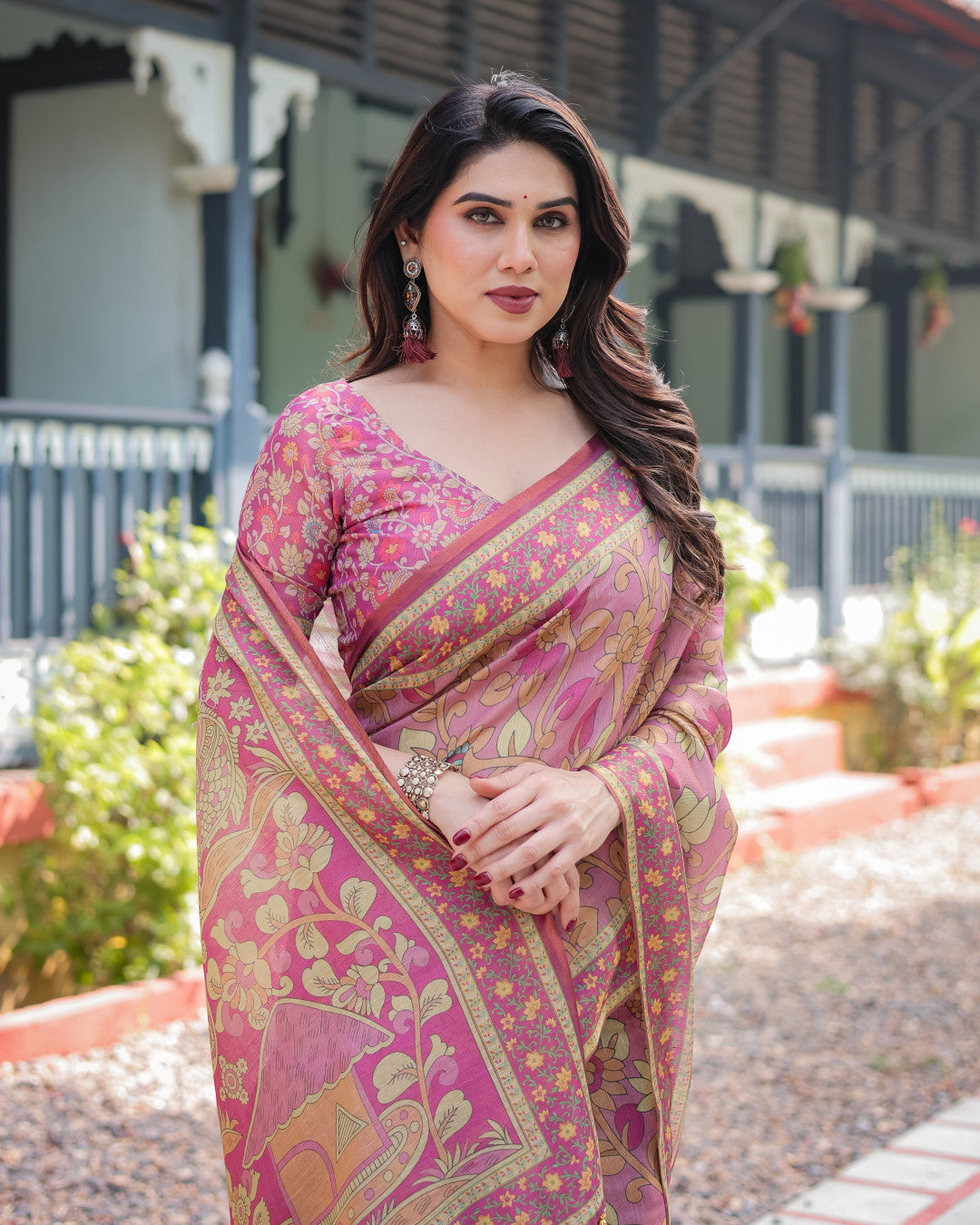 Pink Kalamkari Digital Printed Linen Cotton Saree | Summer Casual & Ethnic Wear – JaipurSaaj