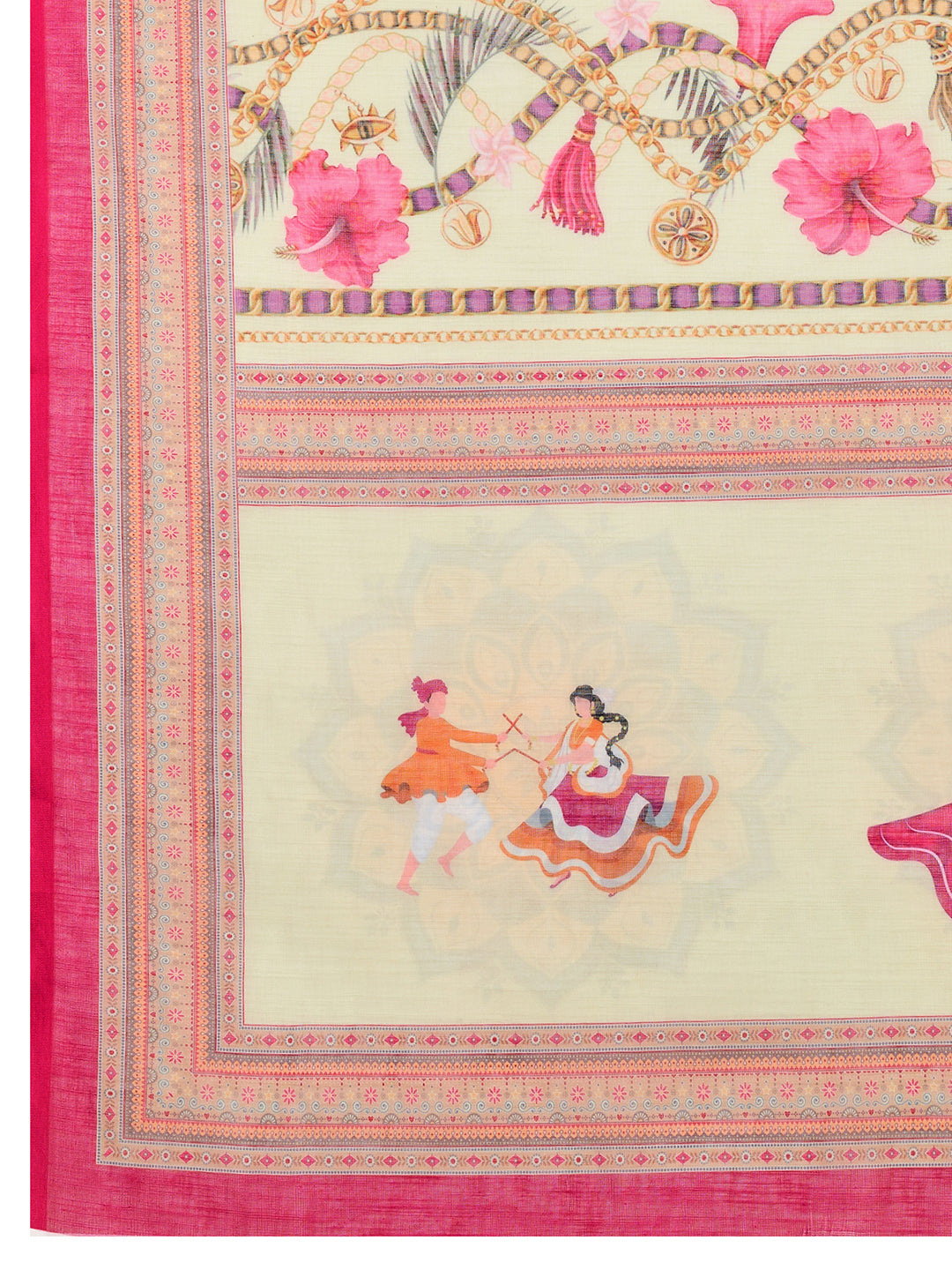 Off White Linen Cotton Saree With Digital Printed Work And Silver Zari Border | Lightweight Festive & Party Wear – JaipurSaaj