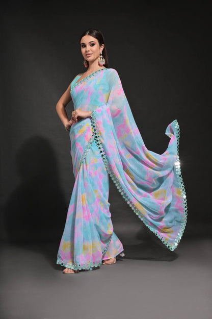 Sky Blue Chiffon Silk Saree with Prism Print & Foil Mirror Work Border | Designer Party Wear – JaipurSaaj