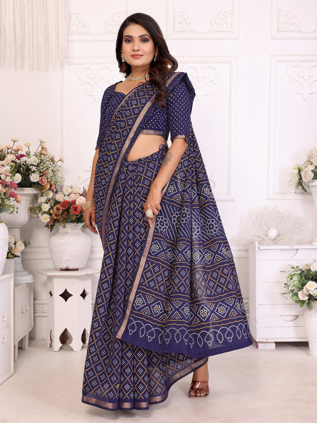 Navy Blue Bandhej Printed Soft Cotton Saree With Zari Border | Traditional Festive Ethnic Wear – JaipurSaaj