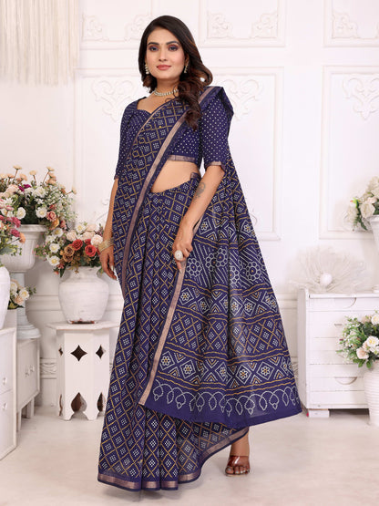 Navy Blue Bandhej Printed Soft Cotton Saree With Zari Border | Traditional Festive Ethnic Wear – JaipurSaaj