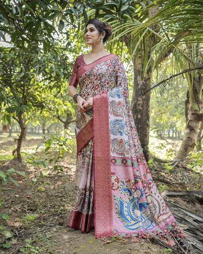 Multi Color Kalamkari Digital Printed Tussar Silk Saree | Designer Festive Ethnic Wear – JaipurSaaj