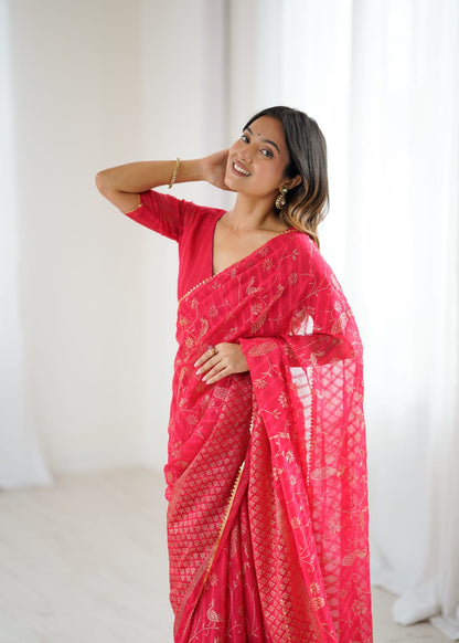 Pink Color Georgette Saree With Digital Printed Work And Lace Border