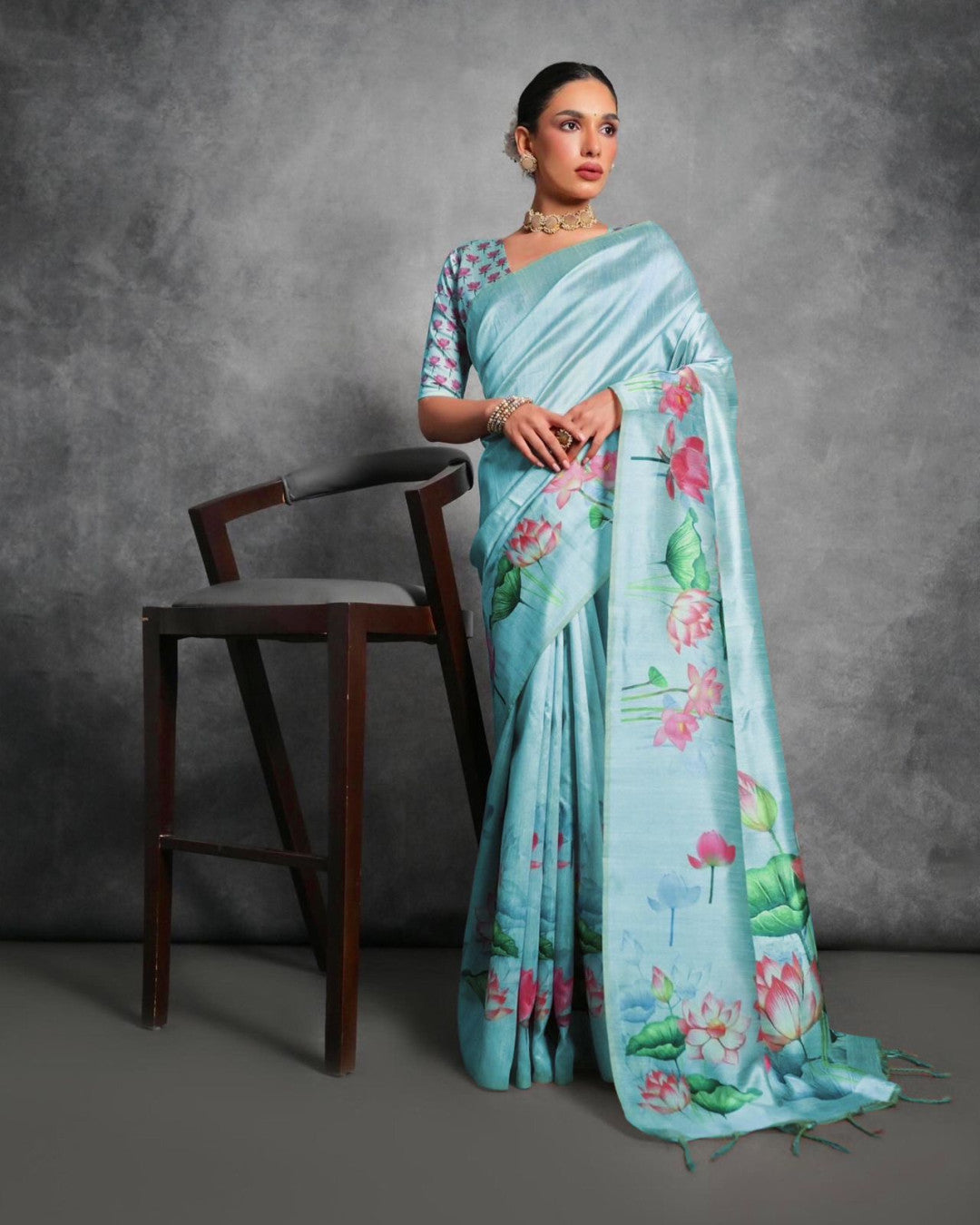 Sky Blue Tussar Silk Saree with Lotus Floral Printed Work | Festive & Party Wear – JaipurSaaj