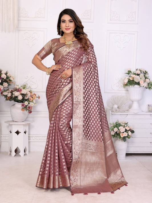 Coffee Organza Silk Banarasi Saree With Zari Weaving Work