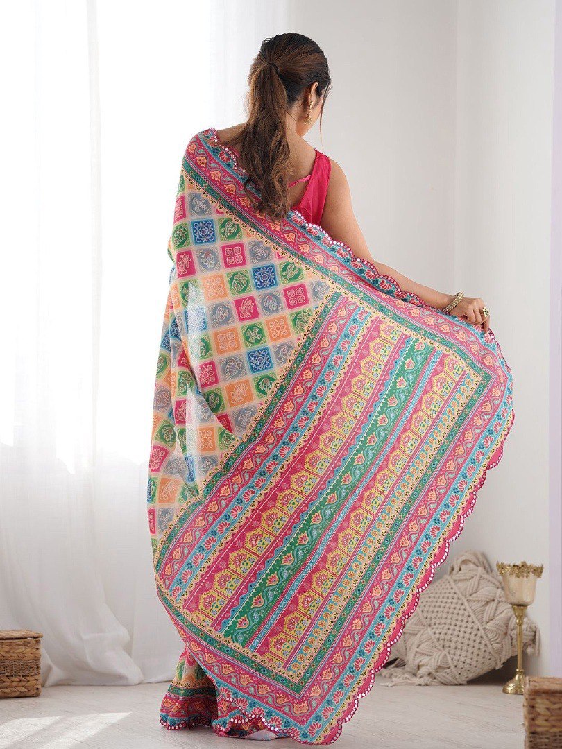 Multi Georgette Saree With Printed And Mirror Work With Arco Border