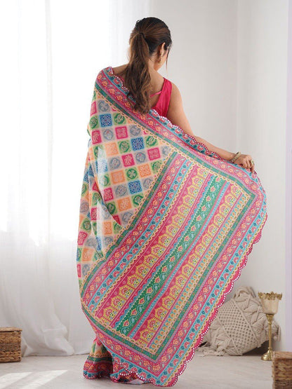 Multi Georgette Saree With Printed And Mirror Work With Arco Border