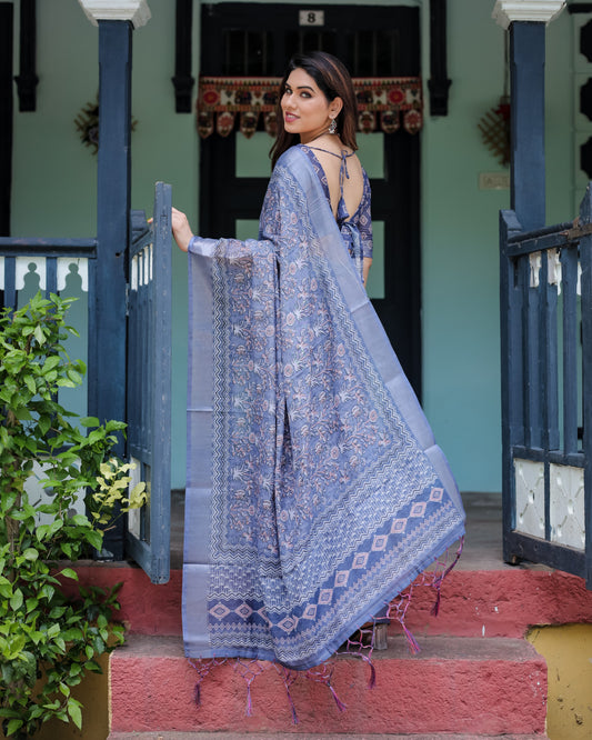 Blue Summer Special Digital Printed Linen Cotton Saree