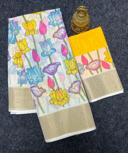 Multi Color Plain Mix Linen Cotton Saree With Digital Printed Work