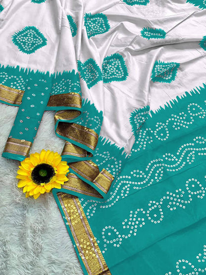 Mint Green Mulmul Cotton Saree With Bandhani Block Print & Zari Border | Ethnic Festive Wear – JaipurSaaj