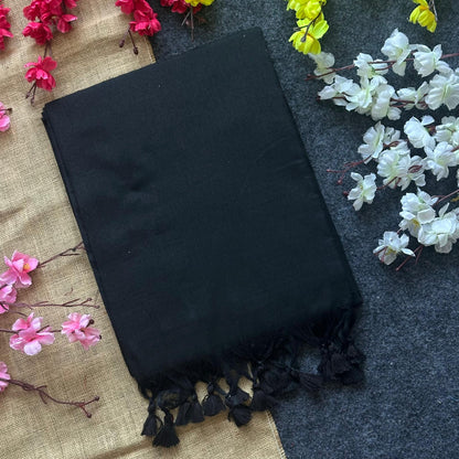 Black Plain Khadi Cotton Saree With Fancy Tassel Work