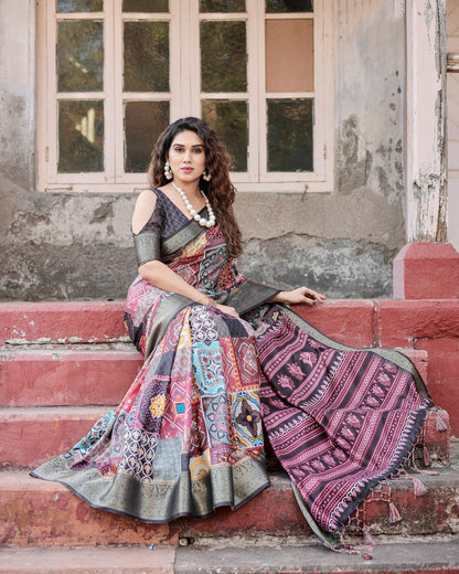 Multi Color Tussar Silk Saree With Digital Kalamkari Print & Zari Motif Border | Casual & Festive Wear – JaipurSaaj