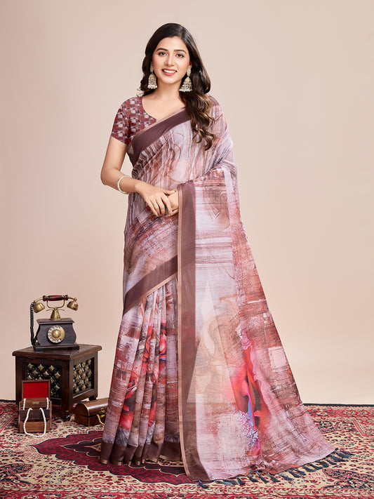 Brown Soft Linen Cotton Saree With Floral Printed Work
